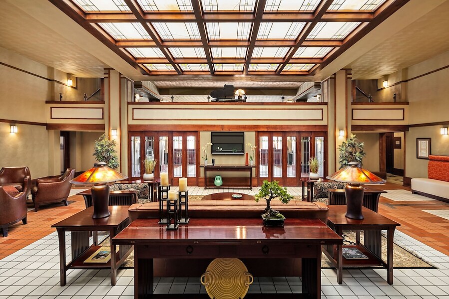 the historic frank lloyd wright designed park inn hotel lobby in mason city, iowa