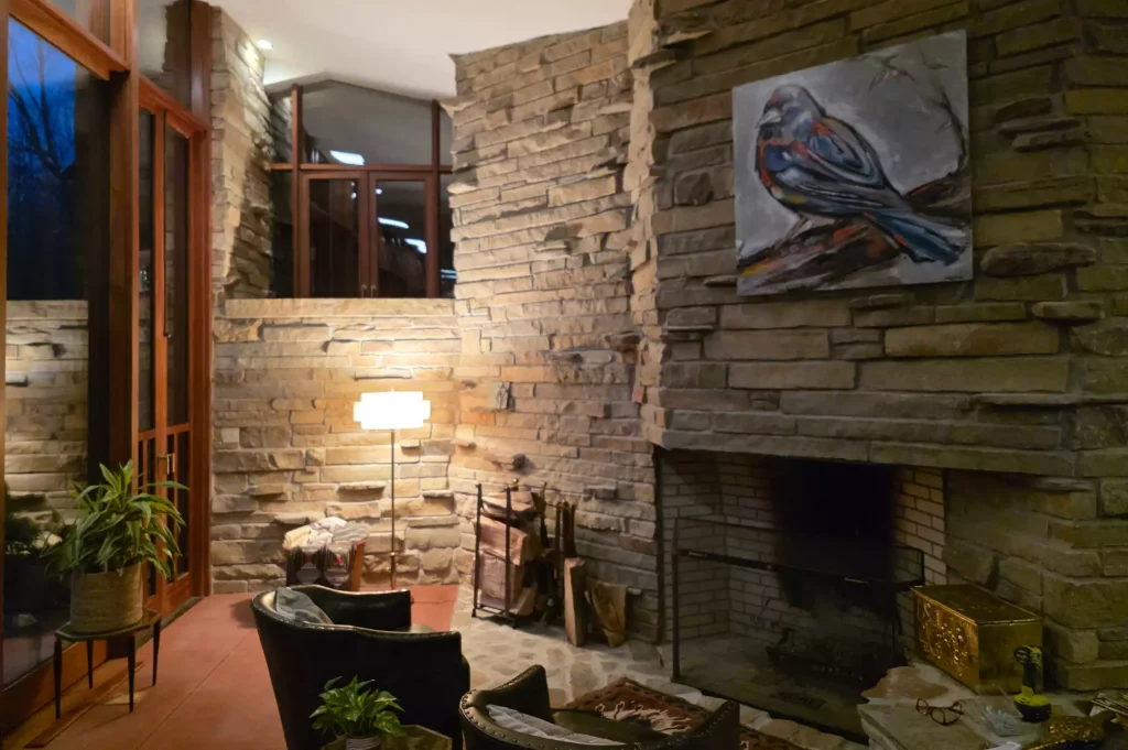 interior shot of river rock by frank lloyd wright